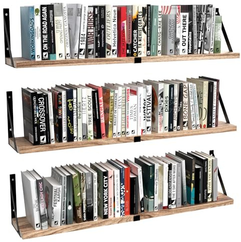 Floating Book Shelves Set of 3, Wall Bookshelf, 33 inch Long Wood Shelf for Wall Storage, Hanging Shelving for Bedroom, Bathroom, Living Room, Kitchen, Office and Plants (Light Brown)