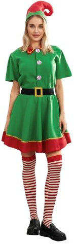 Springcmy Weihnachtselfenkostüm für Damen und Herren, Kinder, kurzärmelig, Weihnachtsmannkleid + Hose, Beinwärmer, Hut + Gürtel, Weihnachts-Kostüm (Damen, A-grünes Elfenkostüm, Größe M)