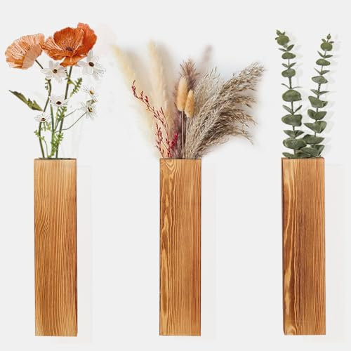 Cerkkapo Pack de 3 Jarrones de Pared de Madera, Maceteros Colgantes para Flores secas y Plantas Artificiales, para Sala de Estar, Dormitorio y decoración del hogar