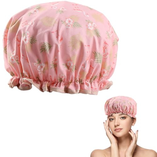 Cuffia da doccia doppio strato per donna, fascia elastica, riutilizzabile, plastica impermeabile, volant, adatta per capelli lunghi, corti e ricci (fenicottero rosa)