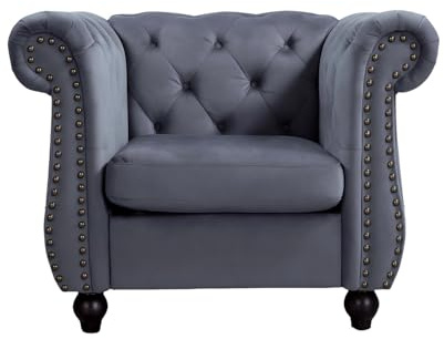 Container Furniture Velvet Chesterfield Armchair, Button-Tufted Backrest, Rolled Arms, High-Density Foam with Spring Support, Elegant Accent Piece, Chair, Grey