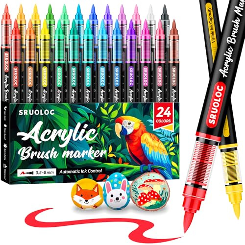 SRUOLOC Marcadores de pintura acrílica, juego de marcadores de punta de pincel de 24 colores, bolígrafos de pintura acrílica impermeables para pintura de roca, madera, cerámica, vidrio, piedra, tela