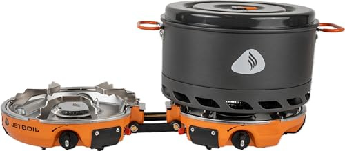 Jetboil Genesis Base Camp Système de cuisson compact à 2 brûleurs alimenté par isobutane Repas solo Grands groupes Poêle à frire 25,4 cm Anneau de flux 5 l Sac de transport Pare-brise Régulateur de