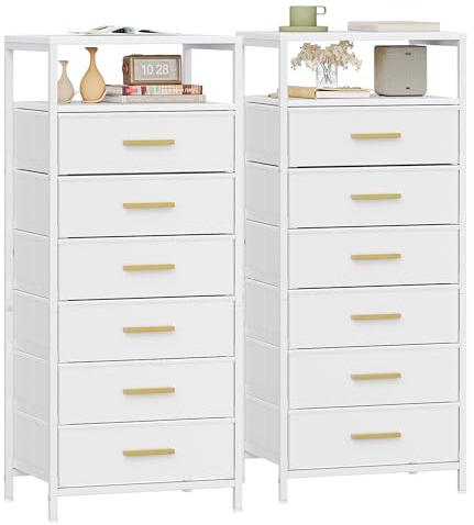 Hzuaneri Commode Chambre, Lot de 2, Meuble de Rangement avec Compartiment Ouvert, Colonne de Rangement avec Pliable 6 Tiroirs en Tissu, pour Chambre à Coucher, Salon, 30 x 40 x 96 cm Blanc NS60813W