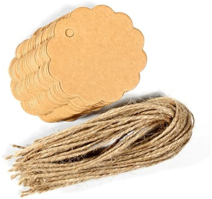 Hrlace presentetiketter 6 cm blommor kraftpappersetiketter kraftpappershänge med jute snöre hängande etiketter för bröllop gåva jul födelsedagsfest gör-det-själv pyssel förpackning 50 stycken