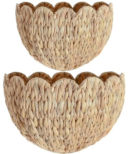 Scalloped Hanging Wicker Baskets for Wall, Scalloped Home Decor, Hanging Woven Rattan Basket for Flowers Front Door Bathroom Storage (Water Hyacinth-Set of 2)