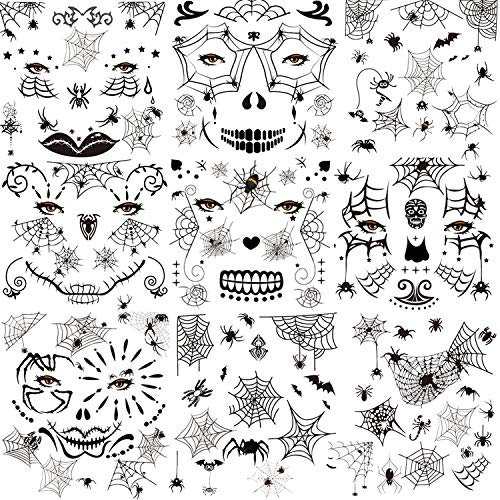 HOWAF Halloween Araignée Tatouages Temporaires pour visage (10 Feuilles), Araignée Noir Tatouages éphémères Autocollant Pour Homme Femme Enfants Halloween Maquillage Déguisement