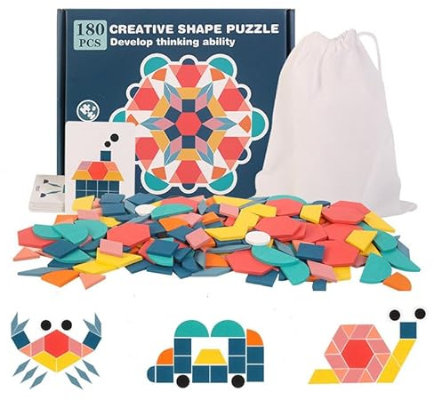 EACHHAHA Rompecabezas de Madera con Forma geométrica, Divertido Educativo, Juguete de Tangram, con 180 Piezas de Formas geométricas y 24 Tarjetas de diseño, Adecuado para niños de 3 4 5 6 7 años