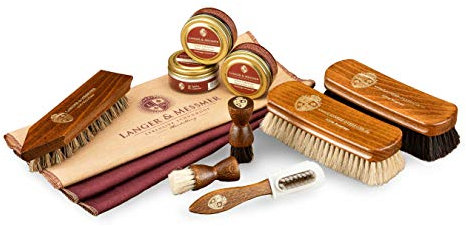 Langer & Messmer Schuhpflegeset inkl. hochwertigen Lederpflegecremes und Rosshaarbürsten zur effektiven Pflege Ihrer Glattlederschuhe - Das Schuhputzset für die professionelle Schuhpflege 12-Teilig