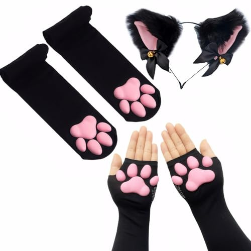 ztowoto Cute Cat Paw Pad Muslo Calcetines altos, rosa 3D Gatito Garra Mitones Guantes largos sin dedos para niñas Mujeres Lolita Cat Cosplay (Negro-1)