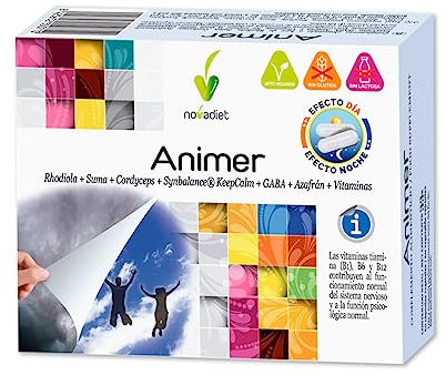 Novadiet – ANIMER Cápsulas con Rodiola, Suma, Cordyceps, Symbalance, KeepCalm, GABA, Azafrán y Vitaminas - Mejora el Estado de Ánimo, Reduce la Fatiga Física y Mental - 60 Cápsulas Vegetales