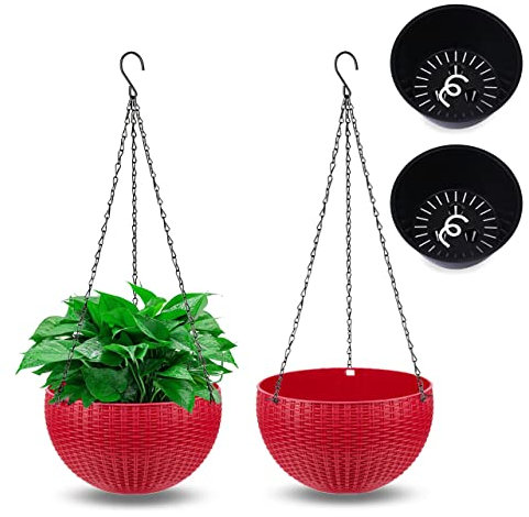 MissFox 2 Stück Blumentopf Hängend, Selbstbewässerung Blumenampel für Außen & Innen, Ø 21cm Hängende Blumentöpfe mit Rostfrei Ketten, Hängeblumentöpfe Plastik, Hängetopf für Pflanzen mit Ablaufloch