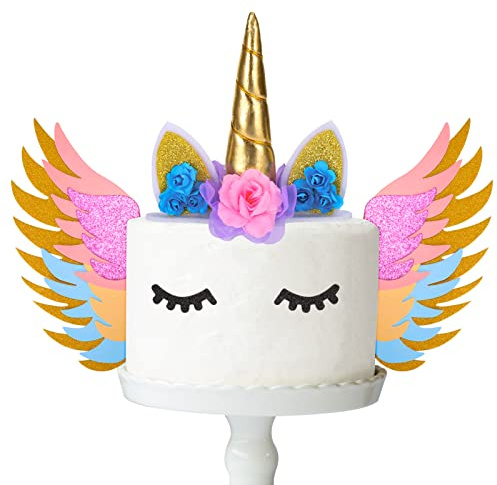Opopark Unicorn Cake Topper, Pack of 5 3D Unicorn Cake Decoration with Wings, Unicorn Cute Horn Ears, Eyelashes, Cake Decoration for Party, Birthday, Wedding, Christmas, Reusable