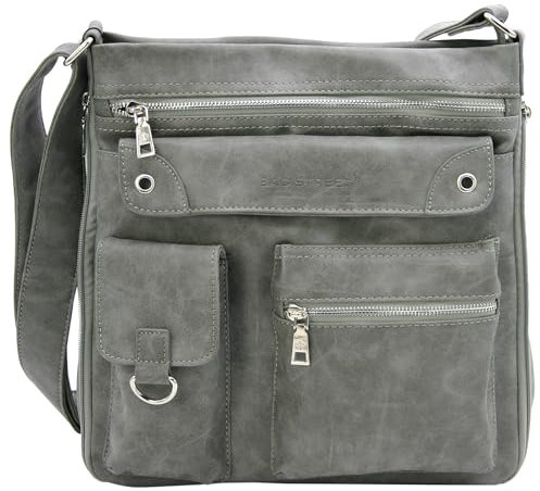 BAG STREET - Damen Handtasche mit vielen Fächern - Vintage Umhängetasche Crossbody Schultertasche - 32 x 32 x 14 cm (Grau)