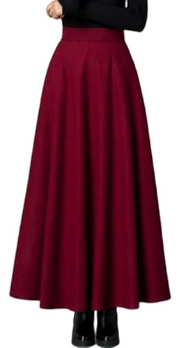 KIJSKKOPO Gonna A Ruota Plissettata Invernale da Donna in Misto Lana, Blu Navy, Vita Alta, Lunga, Svasata, con Tasca, Casual, Elegante, da Festa, per Tutti I Giorni, da Ufficio, Gonne Lunghe, Rosso