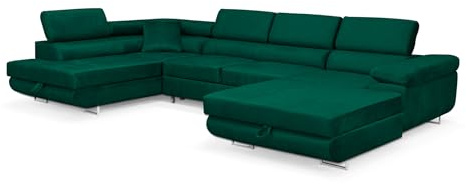 SOFILAND Wohnlandschaft Aller Moon U XXL-Ecksofa mit Schlaffunktion und Zwei Bettkästen. (Grün, Links)