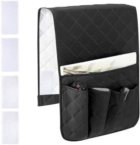 RETON Sofa Armrest Organizer with 5 Pockets, Non Slip Sofa Remote Control Holder Armchair Caddy with 4 Pair of Hook and Loop Fasteners, Arm Chair Organisers for Magazine Book Remote Control (Black)