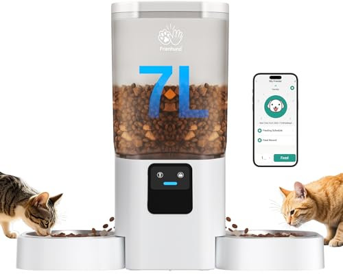 Frienhund Automatic Cat Feeder 2 Cats with Slow Feed: Dual Automatic Dog Feeder with 5G WiFi, Cat Food Dispenser with APP Control for Multiple Pets, Detachable for Easy Clean, Double Pet Bowl - 29 Cup