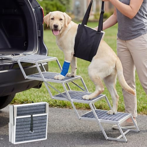 Veehoo Extra Wide Dog Steps for Car SUV Truck Foldable, 4 Steps Portable Aluminum Dog Stairs for Injured Senior Large Dogs 20 Wide, Heavy Duty Pet Ramp Ladder with Non Slip Surface, up to 170lbs