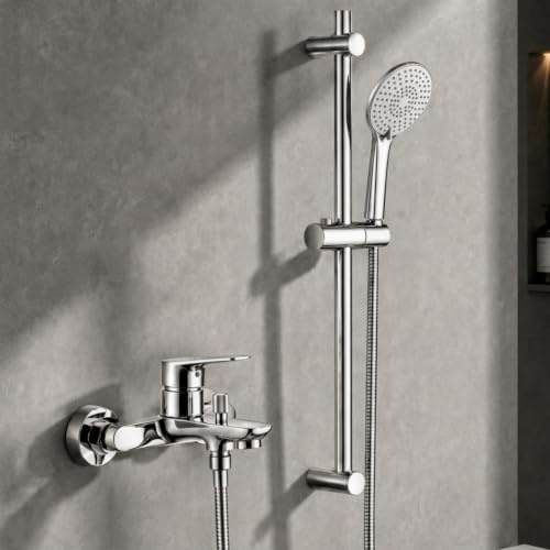 Auralum Rubinetto Vasca da Bagno con 70 cm Saliscendi Doccia Acciaio Inox Regolabile, Rubinetto Vasca da Bagno con Doccetta 3 Geti e Tubo Doccia 1,5 m, Miscelatore Vasca da Bagno in Ottone Cromato
