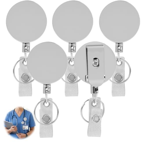5 Pcs Porte Clé Rétractable Robuste Enrouleurs, Porte Badge Enrouleur en Métal Robuste, Enrouleur Badge avec Corde Nylon 60 cm, Porte Badge Retractable avec Clip Ceinture pour Cartes et Clés