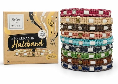 Dalias Dogs EM Keramik Hunde-Halsband aus US-Paracord – handgeknüpft, verstellbar mit Kordelstopper – Größen 15–60 cm (Beige, Unter 20 cm)