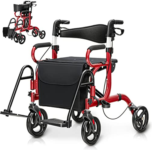 GOFLAME 2-in-1 Rollator Walker for Seniors, Folding Transport Chair with Seat, Reversible Backrest, Storage Bag, Height Adjustable Handle, Umbrella Holder & Pedal, 4 Wheel Mobility Walking Aid, Red