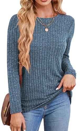 Rongseng Damtröjor Långärmad Rund Hals Dam Tunika Toppar Lättviktslösa Pullover Mjuka Sweatshirts Elegant Långärmad T-Shirt Casual Sweatshirt Mode Blusar för Höst Vinter, Blå, M