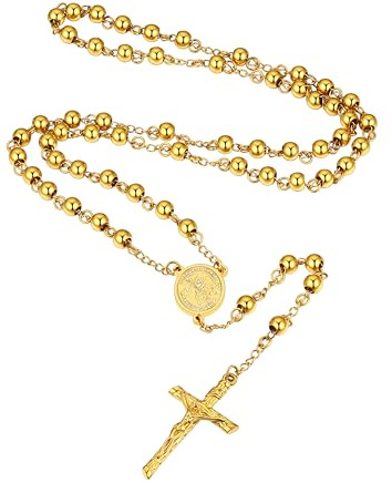 Supcare Collar Rosario Católico Hombre Mujer Collar Cristiano Acero Inoxidable 316L con Medallas Virgen María, San Cristóbal y San Miguel, Cadena Rosario para Rezo, Colgar en Coche y Uso Diario
