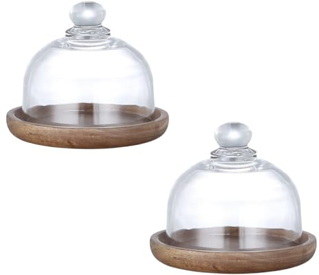2 Pack Glass Dome with Wooden Base Mini Cheese Plant Platter Dessert Plate Cake Plate for Cheese Candy Decorative and Succulents Display,4.13x3.74x3.15