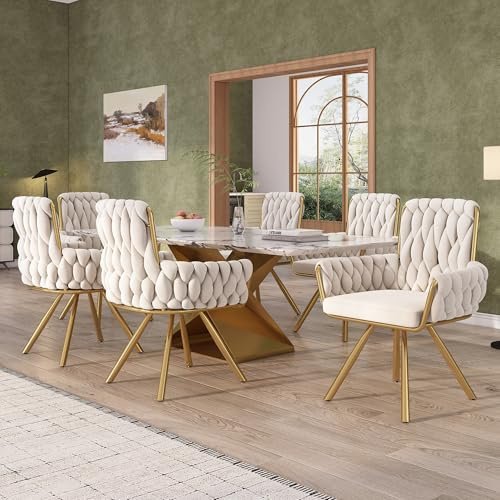 Merax Drehstuhl 6er Set, Moderne Esszimmerstuhl mit hoher Rückenlehne, Polsterstuhl aus Samt, Armlehnstuhl Drehbar mit Metallbeinen, für Esszimmer, Wohnzimmer, Schlafzimmer, Beige