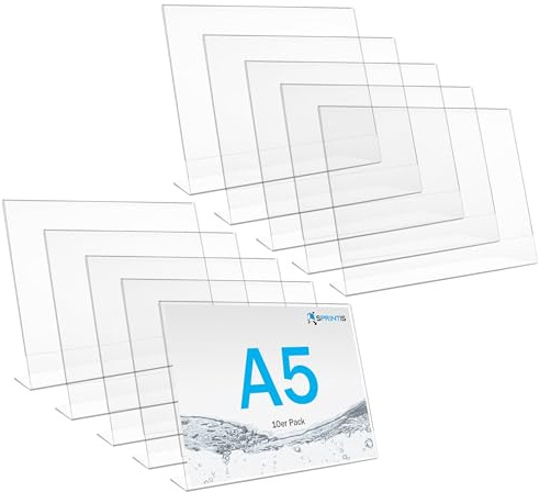 SPRINTIS Tischaufsteller A5 quer (10 Stück) - für Inhalt 21 x 14,8 cm, L-Aufsteller aus glasklarem Kunststoff für Hochzeit & Restaurant, Werbeaufsteller DIN A5 schräg, Menükartenhalter Querformat