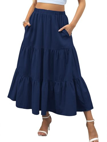 Zeagoo Jupe D'été Élégante pour Femme Jupe Longue Décontractée Ligne A Taille Haute Jupe Longue élastique Jupe Décontractée Jupe Unie avec Poches Bleu Marine S