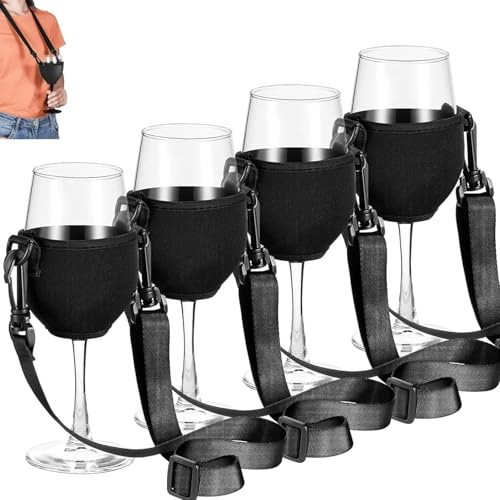 Weinglashalter zum Umhängen 4 Stück Stoff Weinglas Halterung Tragbare Weinglashalter Hängend Becherhalter Festival Wine Glass Holder Freihändiger Weinhalter Kette für Weinliebhaber (Schwarz/20cm)