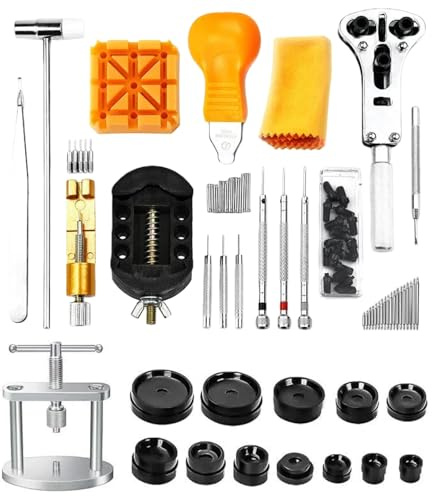 Kiuiom Kit di Strumenti per la Rimozione Delle Maglie Dell'orologio,Set di Attrezzi per la Sostituzione Della Batteria,Strumento per la Riparazione di Orologi con Custodia +12 Piastre di Pressione