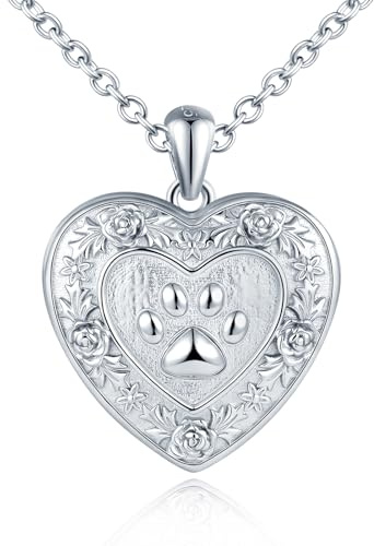 MICSAVI Locket Photo Personnalisé Collier Argent 925 Empreinte de Patte pour Femme Fille, Coeur Pendentif avec Patte de Chien/Chat e Fleurs, Bijoux Amulette Médaillon Photo avec Chaîne