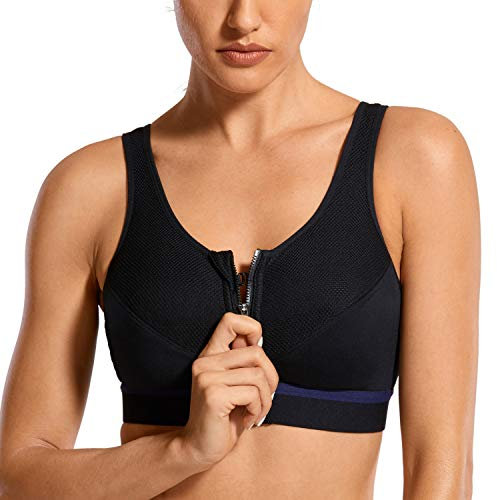 SYROKAN Women's Sports Bra Front Zip Wireless High Support Posture Comfort Workout Bra Black - New 32DD