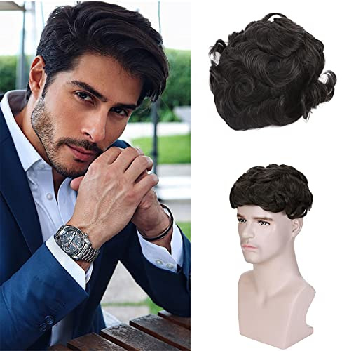 Toupet Homme Cheveux Naturel Densité 130% PU Base Postiche Remplacement Capillaire Cheveux Perruque Hommes 85G, #2 Brun Foncé