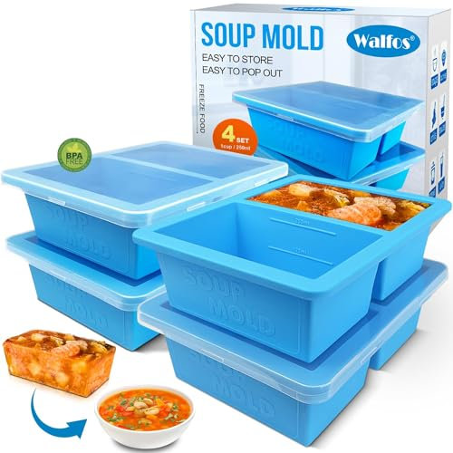 Walfos 1-Cup Large Silicone Soup Freezer Tray with Lid, 4 Packs Soup Freezer Ice Cube Tray for Food, Silicone Food Freezer Trays,Container for Storing and Freezing Soup, Broth, Sauce and Ice