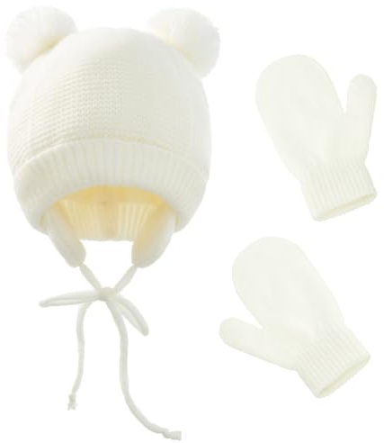 MAKFORT Babymössa, beanie, stickad mössa, vintermössa, pojkar, flickor, varma stickade mössor, handskar, set, barnmössa, mössa, mössa, stickad mössa med dubbla lager,, Beige A, S