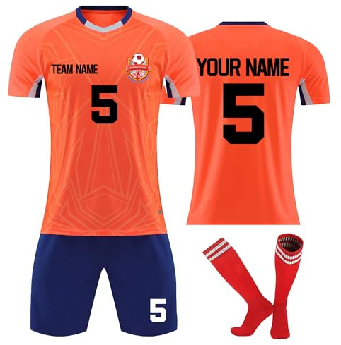 Faletony Personalisiertes Fußball Trikot Kinders Erwachsene Fussball Shirt & Shorts Set mit Name Nummer Benutzerdefiniert Trikot Fußballtrikot, Orange+Blau