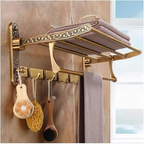 Towel Racks Towel Rail Holder Towel Bar Aluminum Foldable Antique Brass Bath Active Bathroom Towel Holder Double Towel Shelf with Hooks Bathroom Accessories