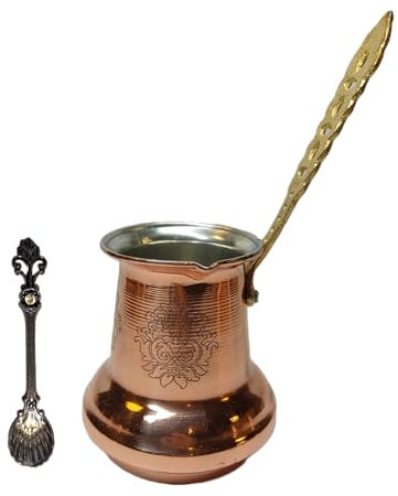 LEO Design Türkische Kaffeekanne, 5 Größen, Kaffeemaschine, griechisch-arabischer Kaffeeherd, dick, 3 mm, massiv, gehämmert, handgefertigt, graviertes Kupfer, Cezve Ibrik Briki mit Holz-/Messinggriff