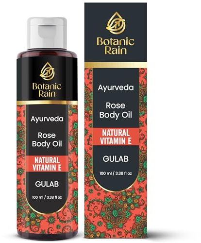 Botanic Rain Ayurveda Rose Body Oil, Moisturizing & Hydrating Organic Vitamin E Oil, Body Oils for Women After Shower, Ayurveda Products for Saggy Skin - 100 ml