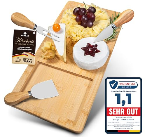 VANEJA Premium ostbräda, skärbräda av bambu, 38 x 18,5 x 1,5 cm, ostbräda med kniv, ostskrapa ostplatta av trä, träplatta, ostbräda, set, karakteristisk bräda inkl. gratis e-bok