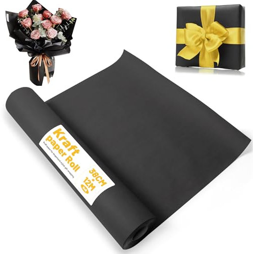 Kraftpapier 38cmx12m Geschenkpapier Kraftpapierrolle 80g/m² für Verpackung, Kunsthandwerk, Packpapier, Geschenkpapier rolle, Verpackungsrolle für Post, paketpapier Schwarz