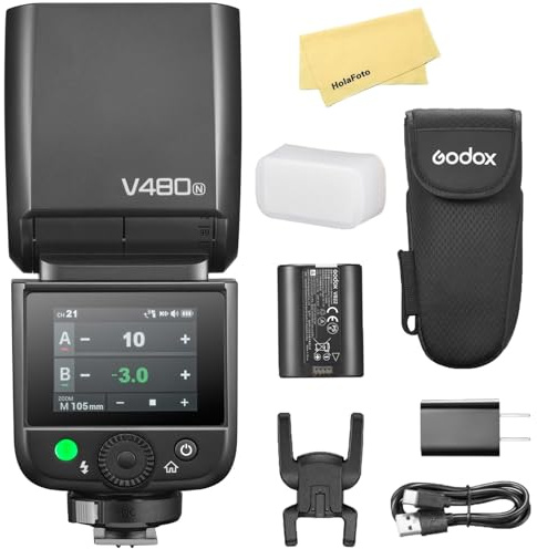 Godox V480N TTL Camera Flash for Nikon Camera Flash Speedlite Speedlight Light,GN50,2.4G HSS 1/8000s,7.2V/2200mAh Li-ion Battery, 1.7s Recycle Time, 650 Full-Power Flashes, 10 Levels LED Modeling Lamp