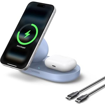 UGREEN Zapix Chargeur Induction iPhone MagSafe Qi2 15W Certifié Compatible avec iPhone 17 16 15 14 13 12 AirPods, 2 en 1 Chargeur sans Fil Magnétique Charge Rapide (Bleu)