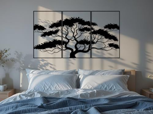 Kajaro Bonsai Baum Wandbild Holz 3-teilig, 1780x980 mm, selbstklebend | Gratis: zweites kleineres Bild. Selbstklebende Holz-Wanddeko in Metalloptik, einfache Montage ohne Bohren.