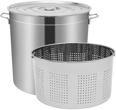 Stainless Steel Stockpot 100L, Large Cooking Pot with Lid and Basket, Polished Finish Heavy Duty Silver Soup Pot 50Qt/42.26Qt